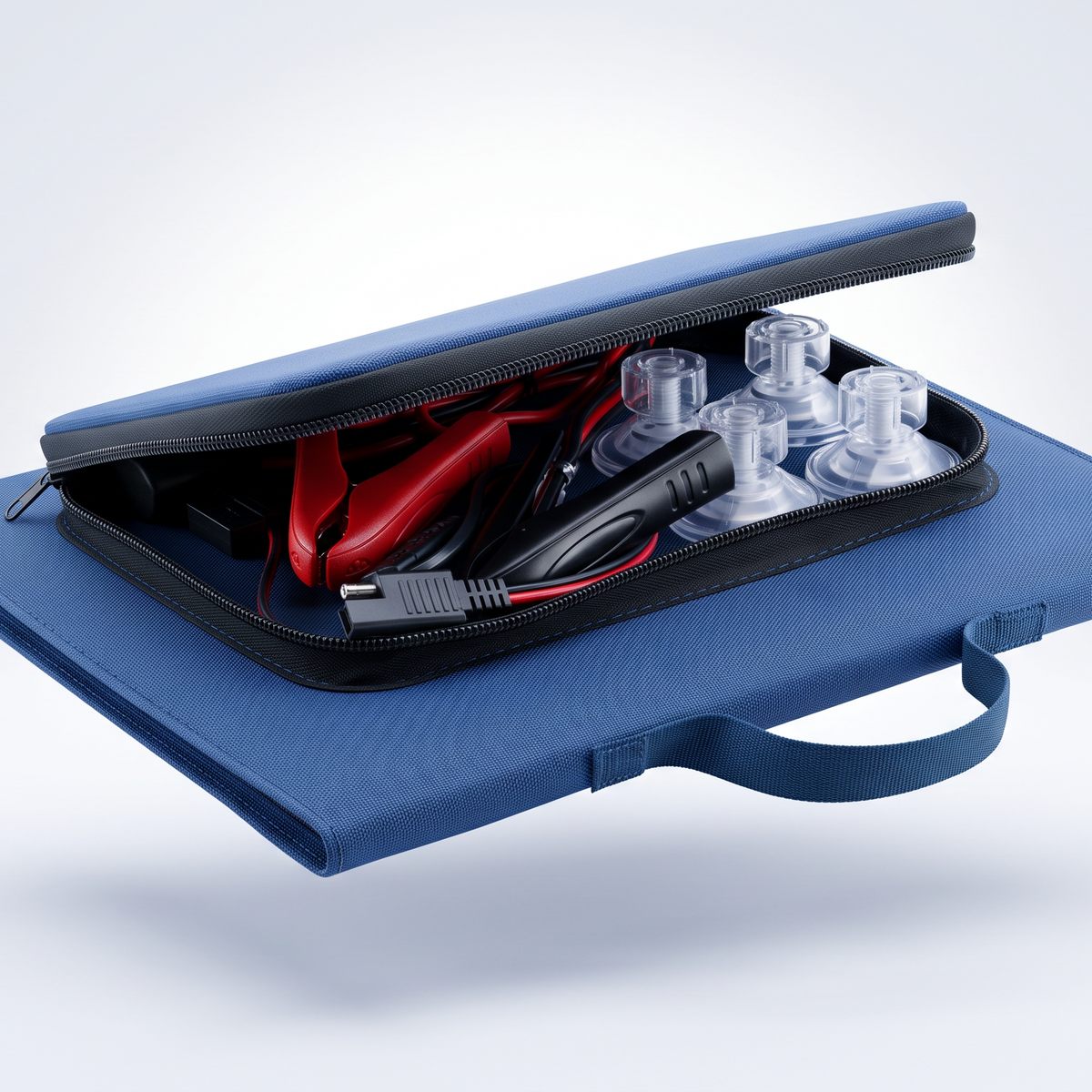 Estuche BATTSAVER abierto con pinzas, cables y ventosas